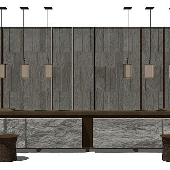 2新中式石制吧台木凳吊灯组合sketchup草图模型下载