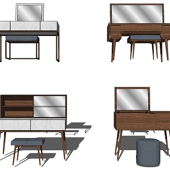 2现代梳妆台化妆台镜子摆件椅子sketchup草图模型下载