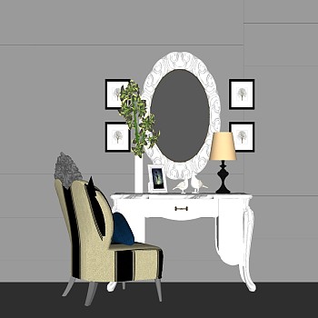 9欧式法式现代梳妆台化妆台镜子摆件椅子sketchup草图模型下载