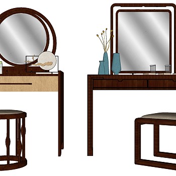7新中式现代梳妆台化妆台镜子摆件化妆品凳子sketchup草图模型下载