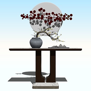 11新中式玄关端景柜餐边柜摆台条案装饰柜摆件花瓶sketchup草图模型下载