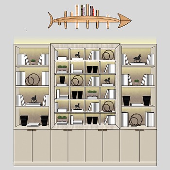 6现代简约书柜鱼骨造型书架书籍摆件sketchup草图模型下载
