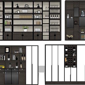 (81)新中式现代书房书柜酒柜橱柜储物柜sketchup草图模型下载