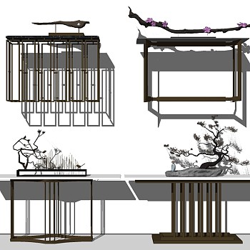 2新中式茶室实木边几摆件sketchup草图模型下载