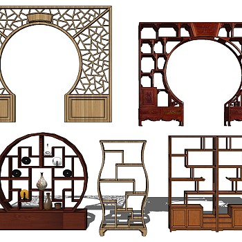 12中式圆形月亮门花格隔断花格博古架书柜书架多宝格子sketchup草图模型下载