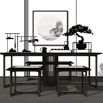 新中式茶桌椅sketchup草图模型下载