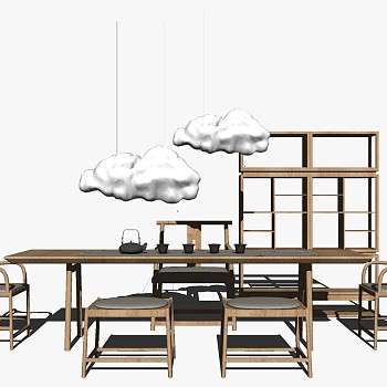 新中式茶室展示柜云朵灯中式椅组合sketchup草图模型下载