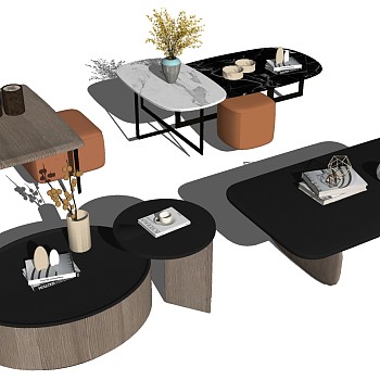 现代北欧茶几茶桌椅盆栽摆件组合sketchup草图模型下载