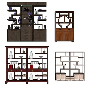 25中式博古架 书架多宝格摆件sketchup草图模型下载