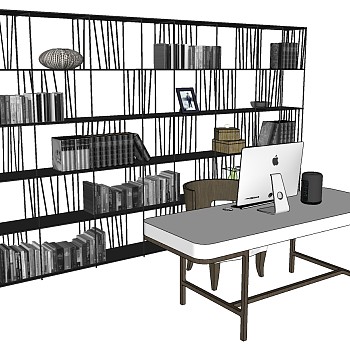 23现代轻奢铁艺书柜树架书桌椅苹果一体机电脑sketchup草图模型下载
