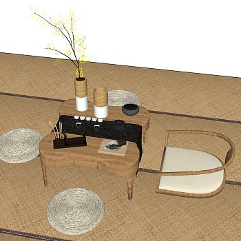 日式矮桌实木茶几茶桌椅盆栽摆件组合sketchup草图模型下载