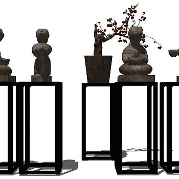 新中式实木边柜摆件盆栽sketchup草图模型下载