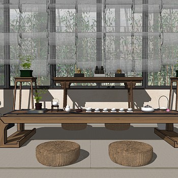 15中式实木茶几茶桌椅盆栽摆件组合sketchup草图模型下载