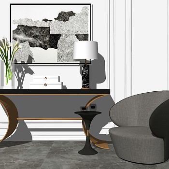 北欧现代轻奢端景条案边几摆件沙发sketchup草图模型下载