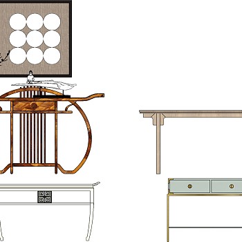 10新中式玄关端景柜餐边柜摆台条案装饰柜干枝摆件写字台挂画sketchup草图模型下载