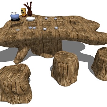 21中式实木茶几茶桌椅摆件组合sketchup草图模型下载