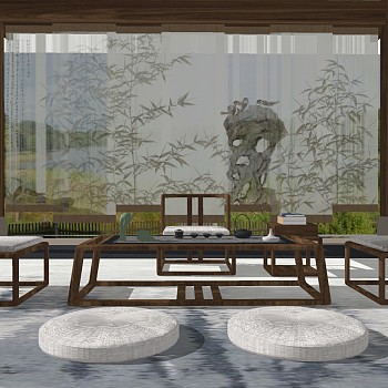 6中式实木茶几茶桌椅盆栽摆件组合sketchup草图模型下载