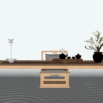 1新中式茶几茶桌椅盆栽摆件组合sketchup草图模型下载