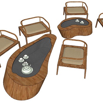 新中式茶室实木茶桌椅sketchup草图模型下载