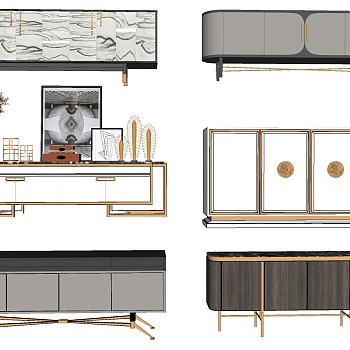 14现代轻奢新中式电视柜边柜摆台sketchup草图模型下载