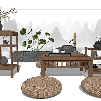 20中式茶室实木茶几茶桌椅盆栽摆件组合sketchup草图模型下载