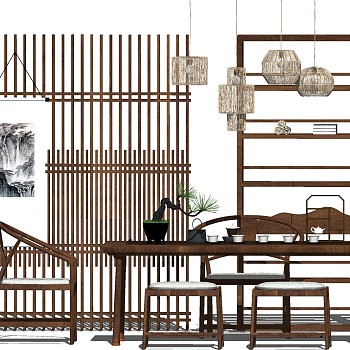 19中式茶室实木茶桌椅吊灯储物架sketchup草图模型下载