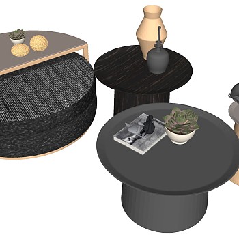 17现代北欧实木茶几茶桌椅盆栽摆件组合sketchup草图模型下载