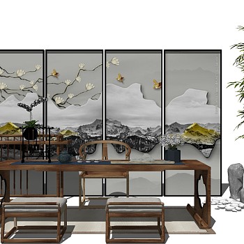 16新中式书房桌子椅子实木茶几茶桌椅盆栽摆件组合sketchup草图模型下载