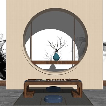 15新中式茶室实木茶几茶桌椅摆件组合sketchup草图模型下载