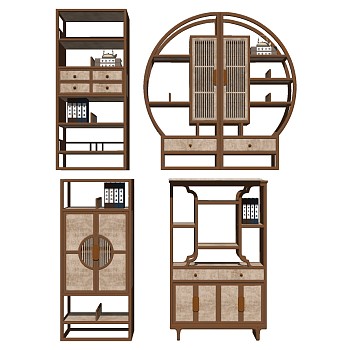 25新中式实木装饰柜书柜斗柜圆形博古架多宝格sketchup草图模型下载
