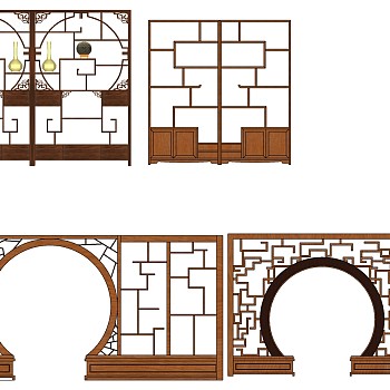 20中式书房多宝格博古架月亮门花架书架书柜展架隔断角花sketchup草图模型下载
