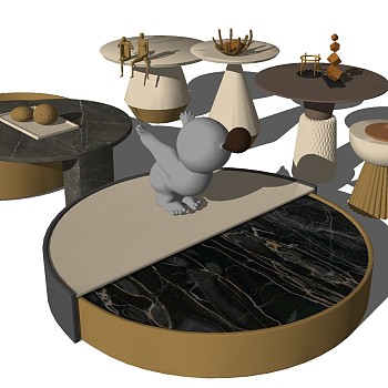 12现代北欧圆几边几茶几茶桌椅盆栽摆件组合sketchup草图模型下载