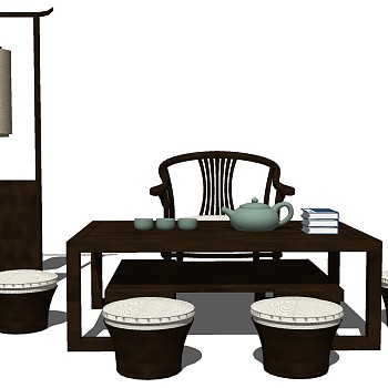 11中式实木茶几茶桌椅盆栽摆件组合sketchup草图模型下载
