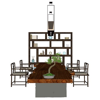10新中式实木茶几茶桌椅书架吊灯sketchup草图模型下载