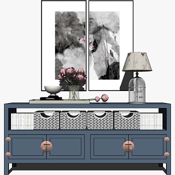 11-地中海欧式新中式电视柜边柜装饰柜台灯玻璃花瓶sketchup草图模型下载