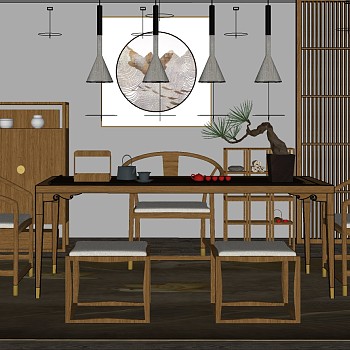 8中式茶室实木茶几茶桌椅盆栽摆件组合屏风吊灯摆件sketchup草图模型下载