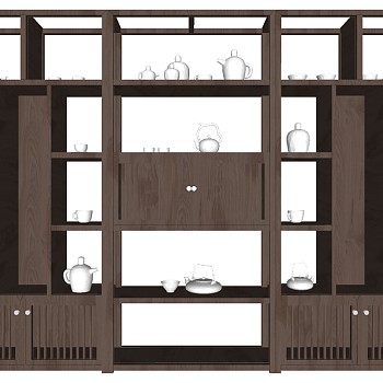 15新中式博古架多宝格书柜书架展柜展架茶具sketchup草图模型下载