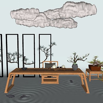 2中式实木茶几茶桌椅盆栽摆件云朵吊灯组合sketchup草图模型下载