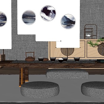 1中式茶室茶桌椅茶具摆件挂画sketchup草图模型下载