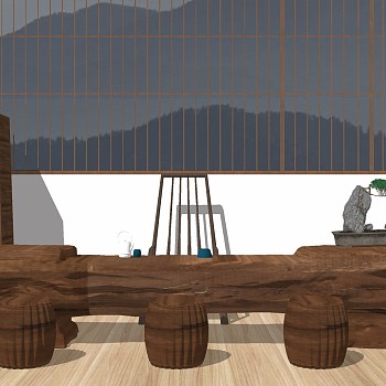 新中式茶室实木茶桌椅屏风摆件sketchup草图模型下载
