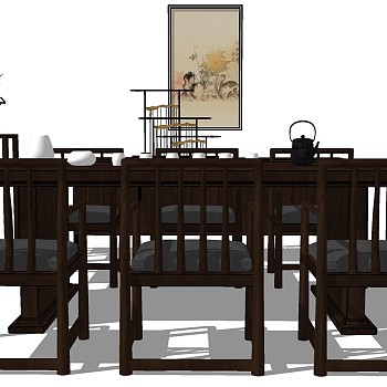 新中式茶室茶桌椅屏风吊灯摆件北欧接待前台吧台老板台sketchup草图模型下载