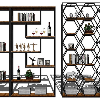 19北欧铁艺置物架酒架书架装饰架植物架饰品摆件隔断组合sketchup草图模型下载