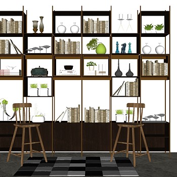 7现代工业风装饰架书架储物柜吧椅酒柜sketchup草图模型下载