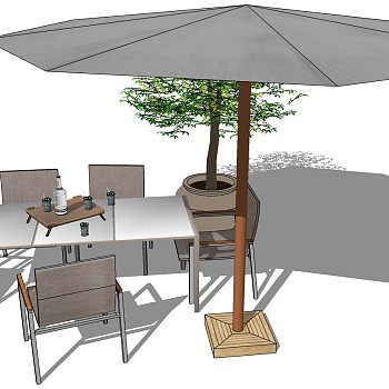 56-5室外户外休闲木制餐桌子椅子盆栽遮阳伞组合