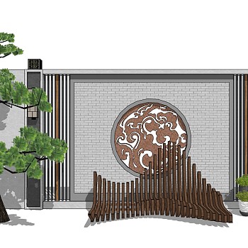 130中式景观背景墙木质长条凳休闲座椅松树藤编座椅植物盆栽sketchup草图模型下载