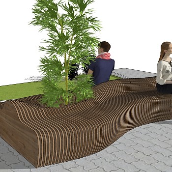 113异形木条户外景观座椅植物坐着的人物sketchup草图模型下载
