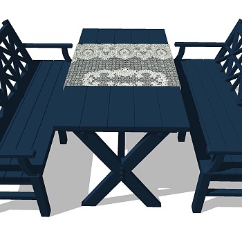 19欧式地中海田园实木木质餐桌椅sketchup草图模型下载