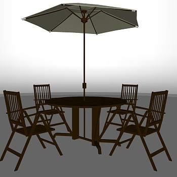 178户外庭院景观阳台木质餐桌椅遮阳伞sketchup草图模型下载