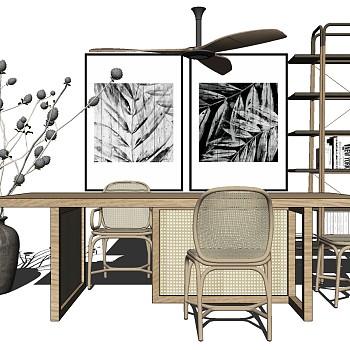 14新中式东南亚度假风书房树桌椅户外藤椅书架花瓶风扇吊灯sketchup草图模型下载