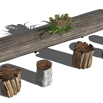 现代原木木头凳子现代圆木头凳子圆几边几木墩茶台sketchup草图模型下载